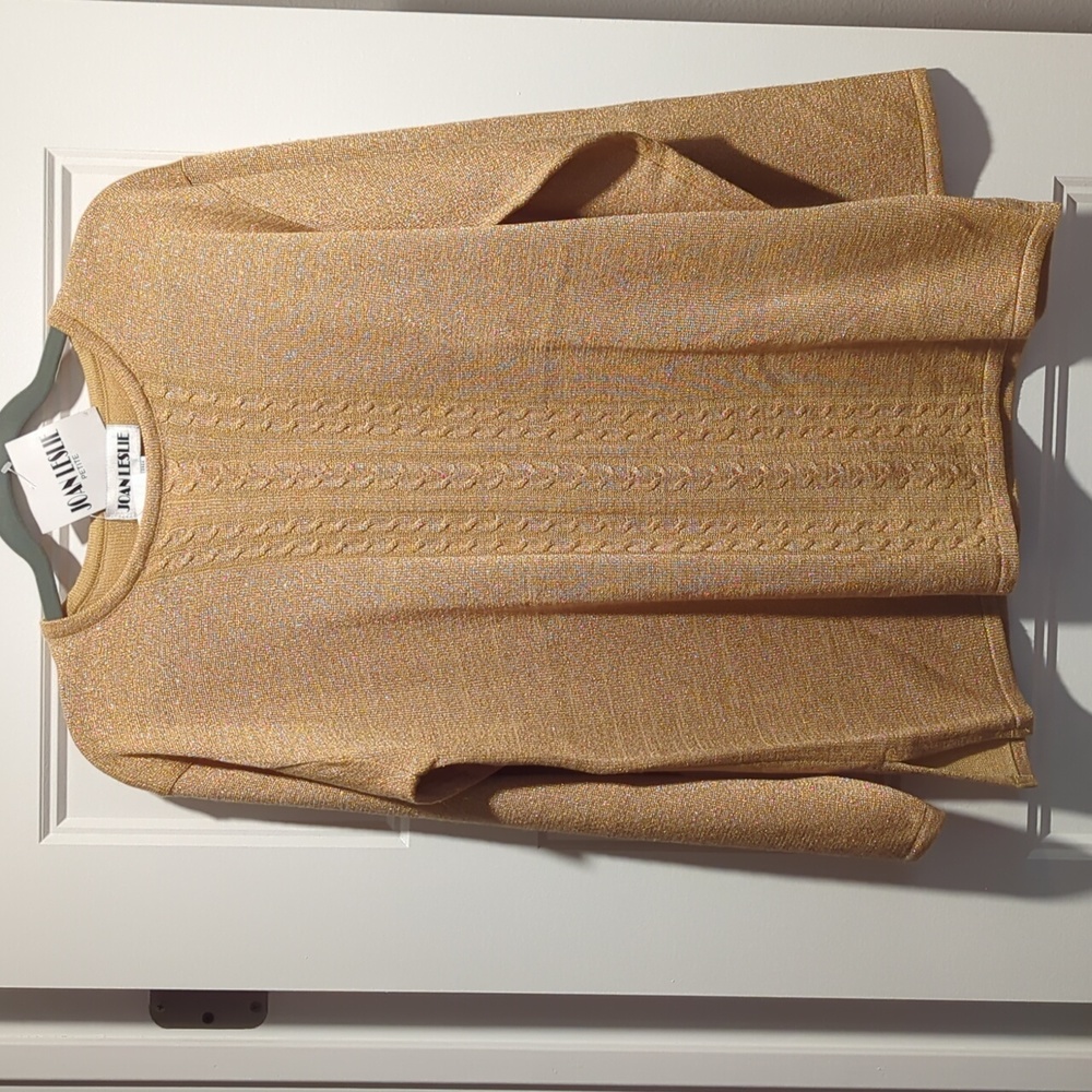 Gold lightweight sweater with cable knit front design by Joan Leslie - NWT